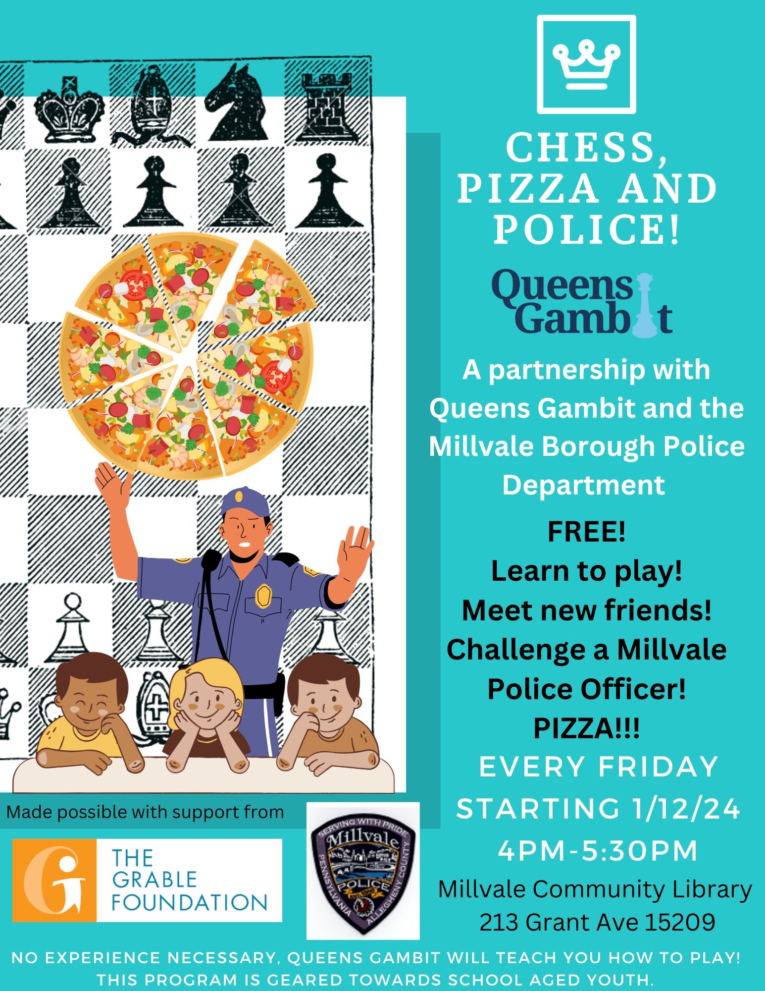 A colorful flyer for Chess, Pizza and Police, featuring a chess board, pizza, children and a police officer