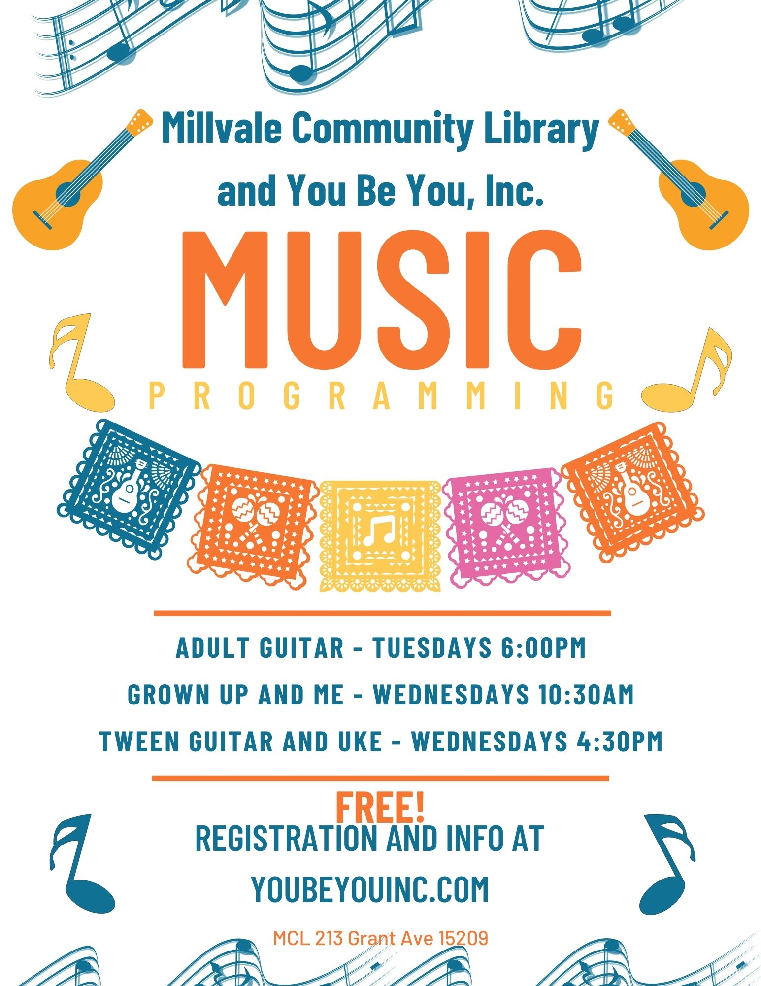 A colorful flyer outlining You Be You and Millvale Library's music programming
