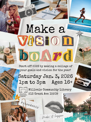 A flyer with a variety of pictures of travel and friends and exercise with information about an event to create a vision board for 2026.