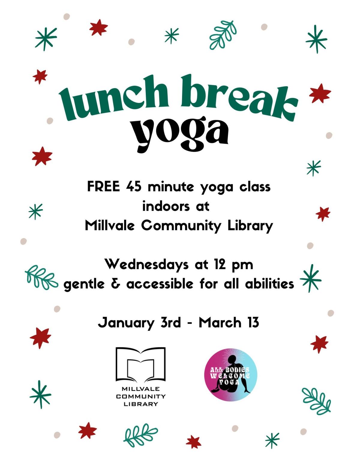 Lunch Break Yoga! A colorful flier featuring MCL and All Bodies Welcome logos